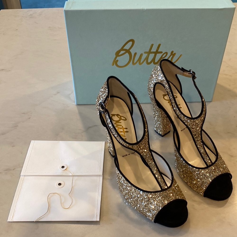 Anthropologie Gold Glitter Heels
